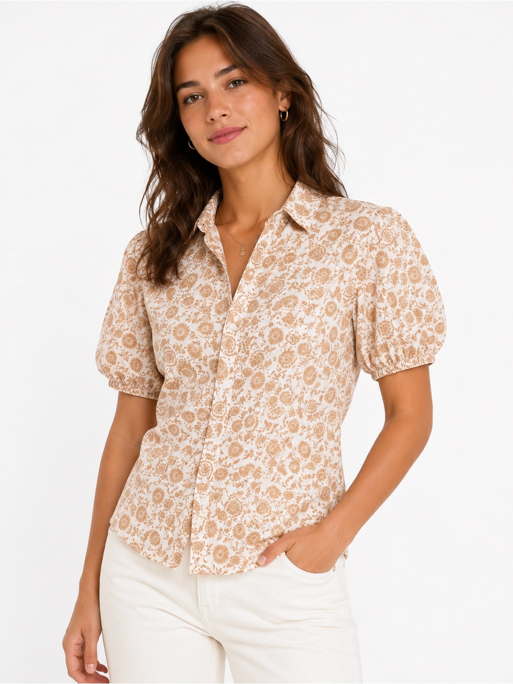 Bagatelle Size Large Women's Cream & Tan Floral Puff-Sleeve Button-Up Top